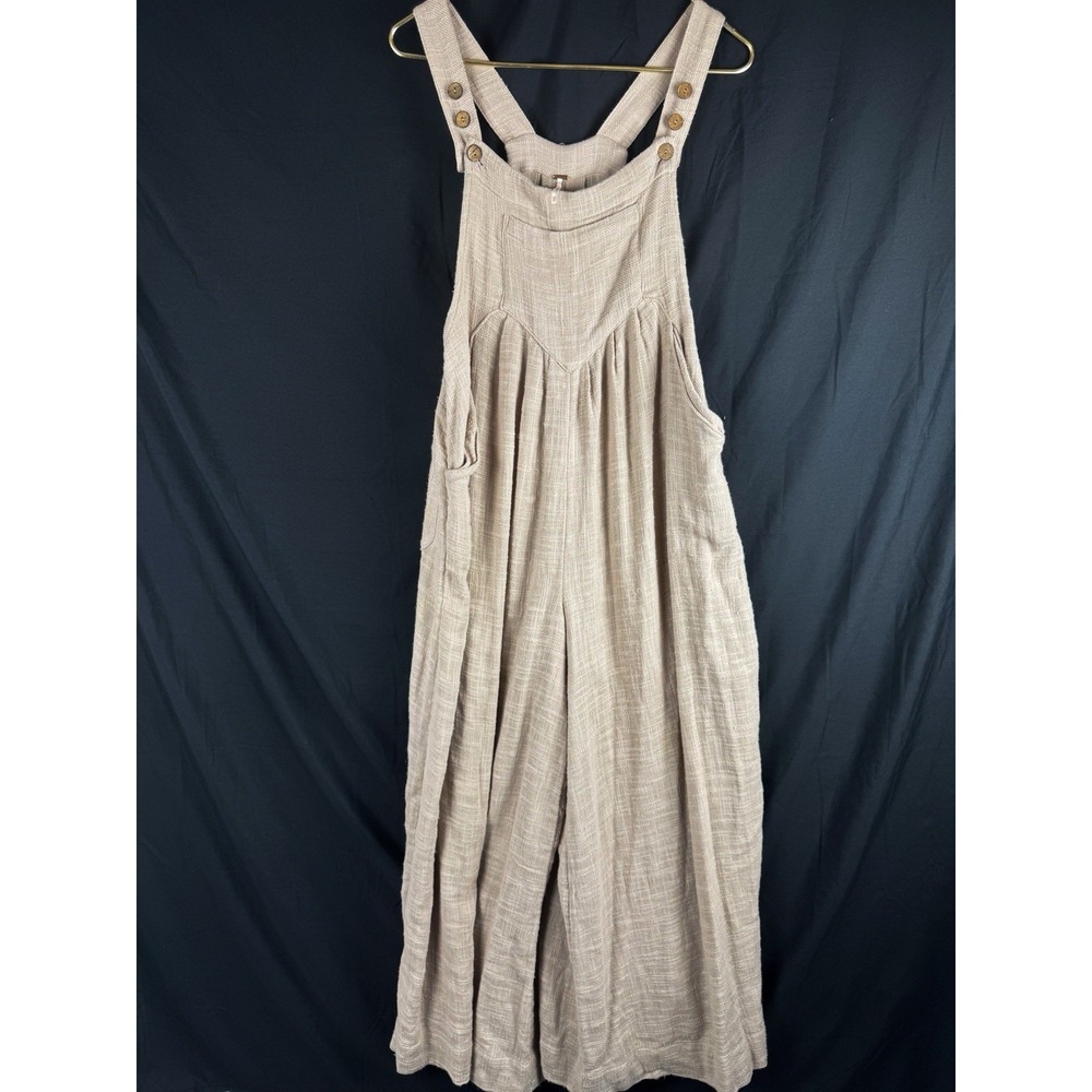 Free People Jumpsuit Sz XS Tan 100% Cotton Sun Drenched Overalls Boho Resort - Picture 2 of 9